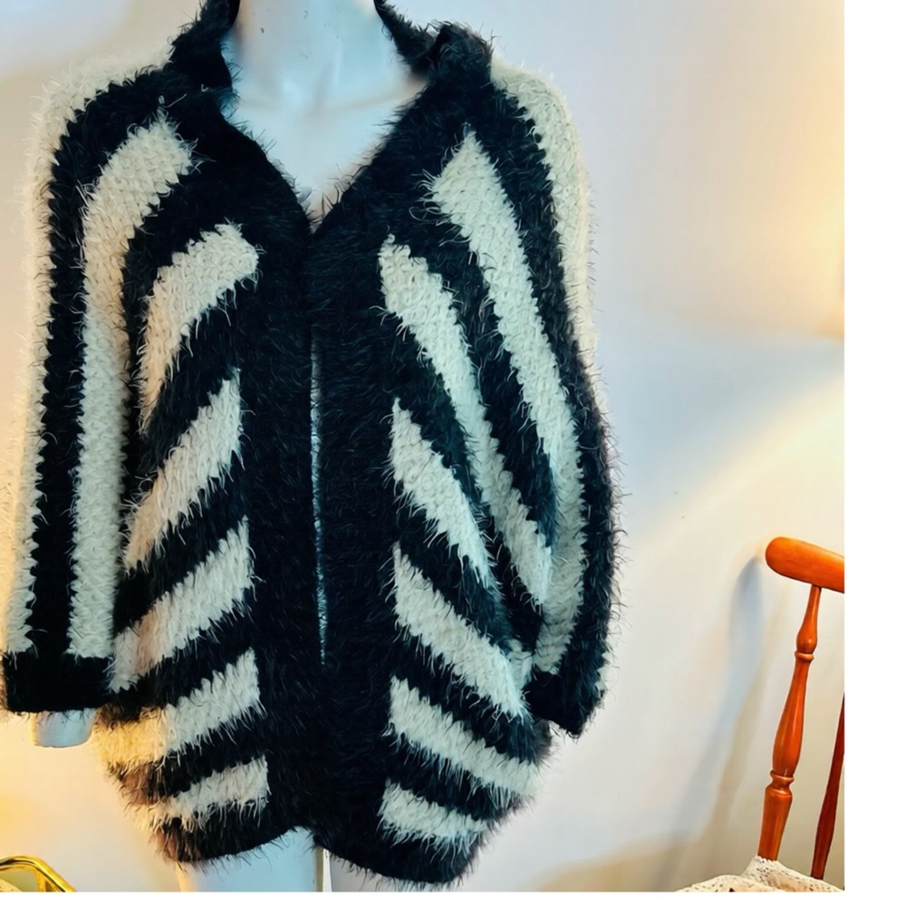 QED London Black and Cream Fuzzy Cardigan